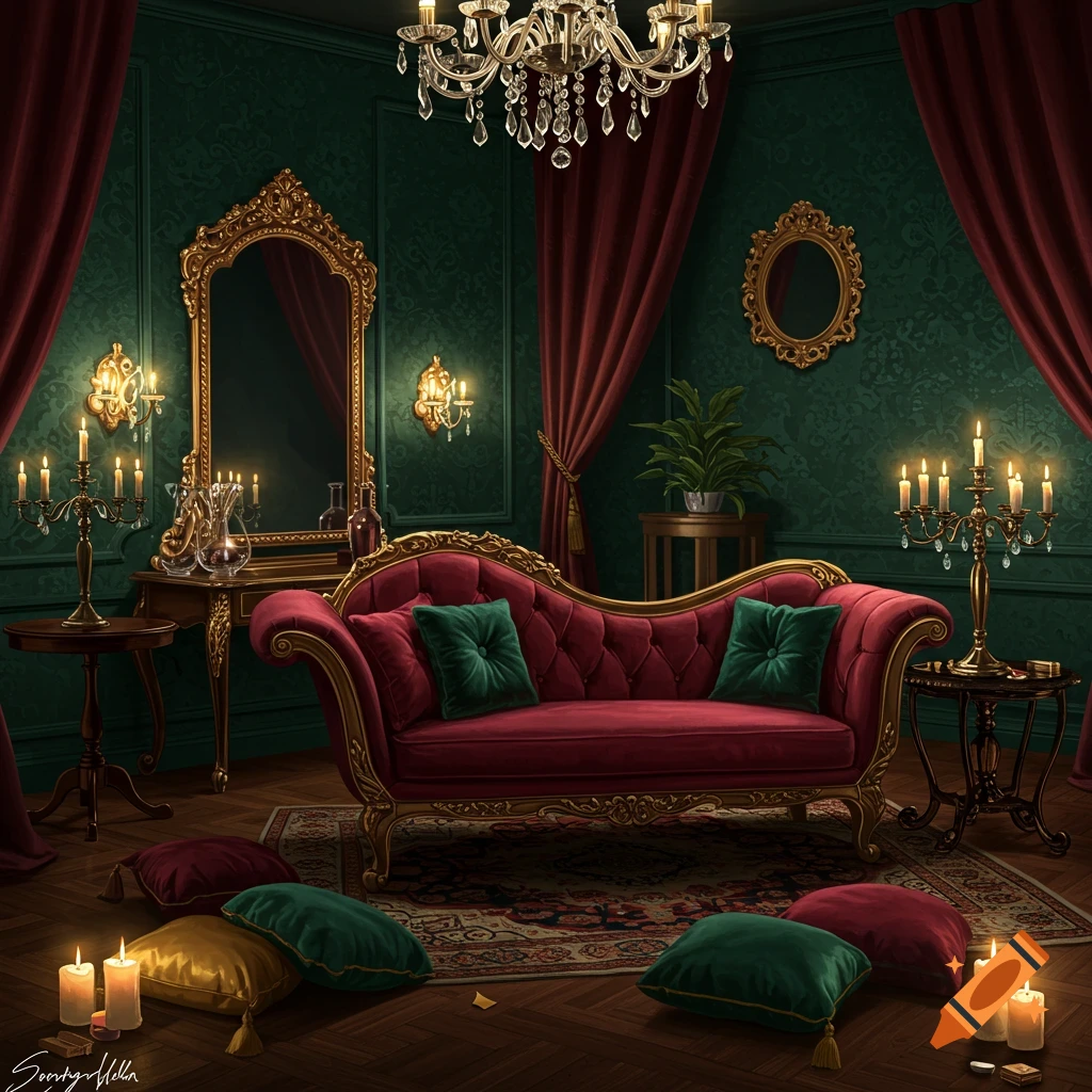 A luxurious room with a red chaise lounge, green walls, gold mirrors, and chandeliers.
