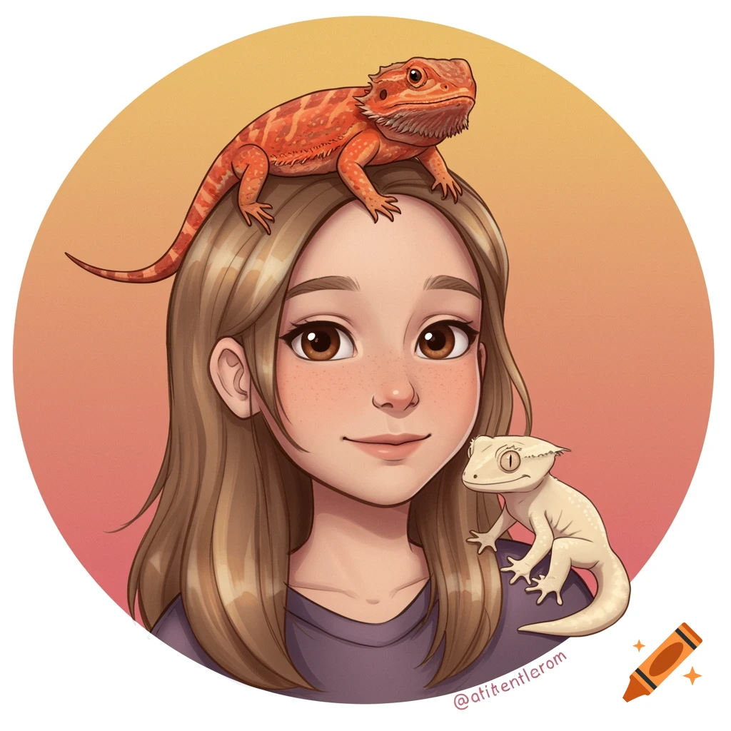 Cartoon profile of a girl with a bearded dragon on her head and a crested gecko on her shoulder.