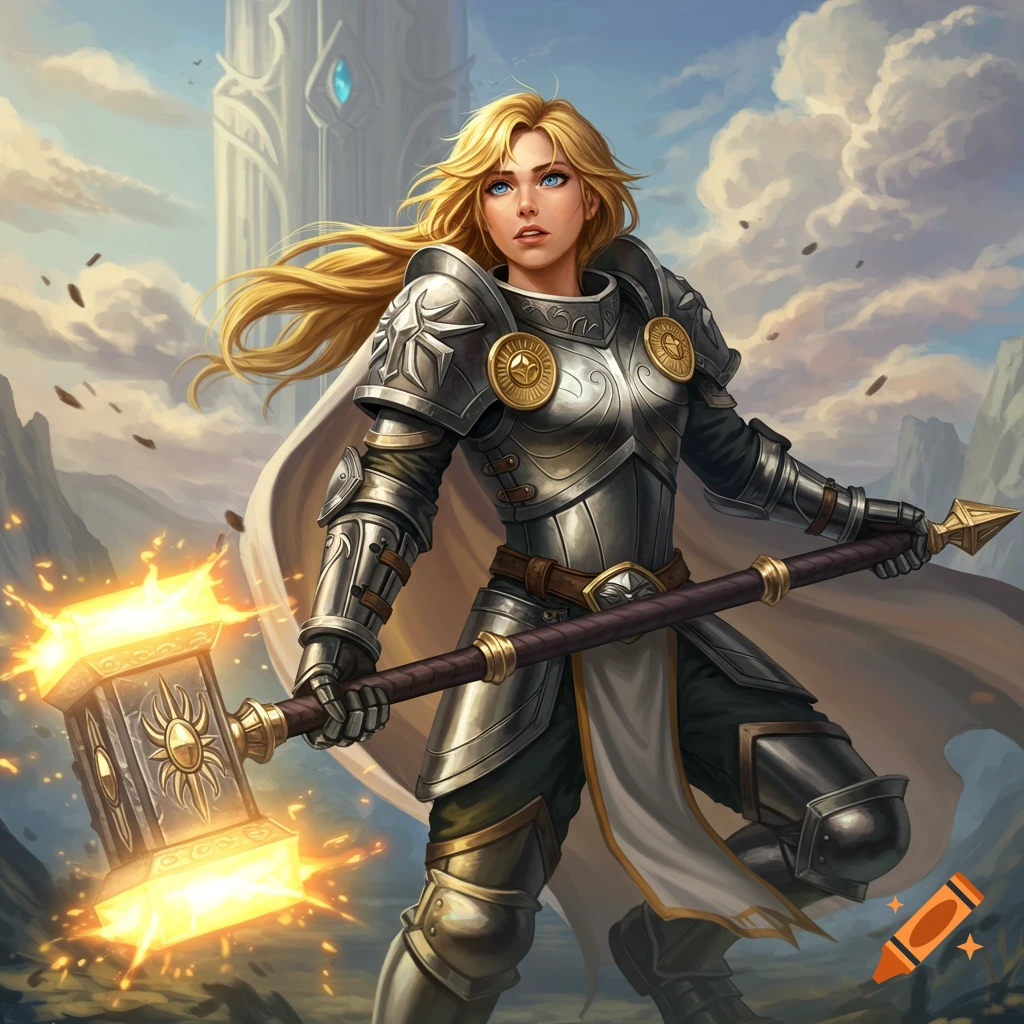 A female paladin in detailed armor holds a glowing hammer, standing in a mountainous fantasy landscape with a tower.
