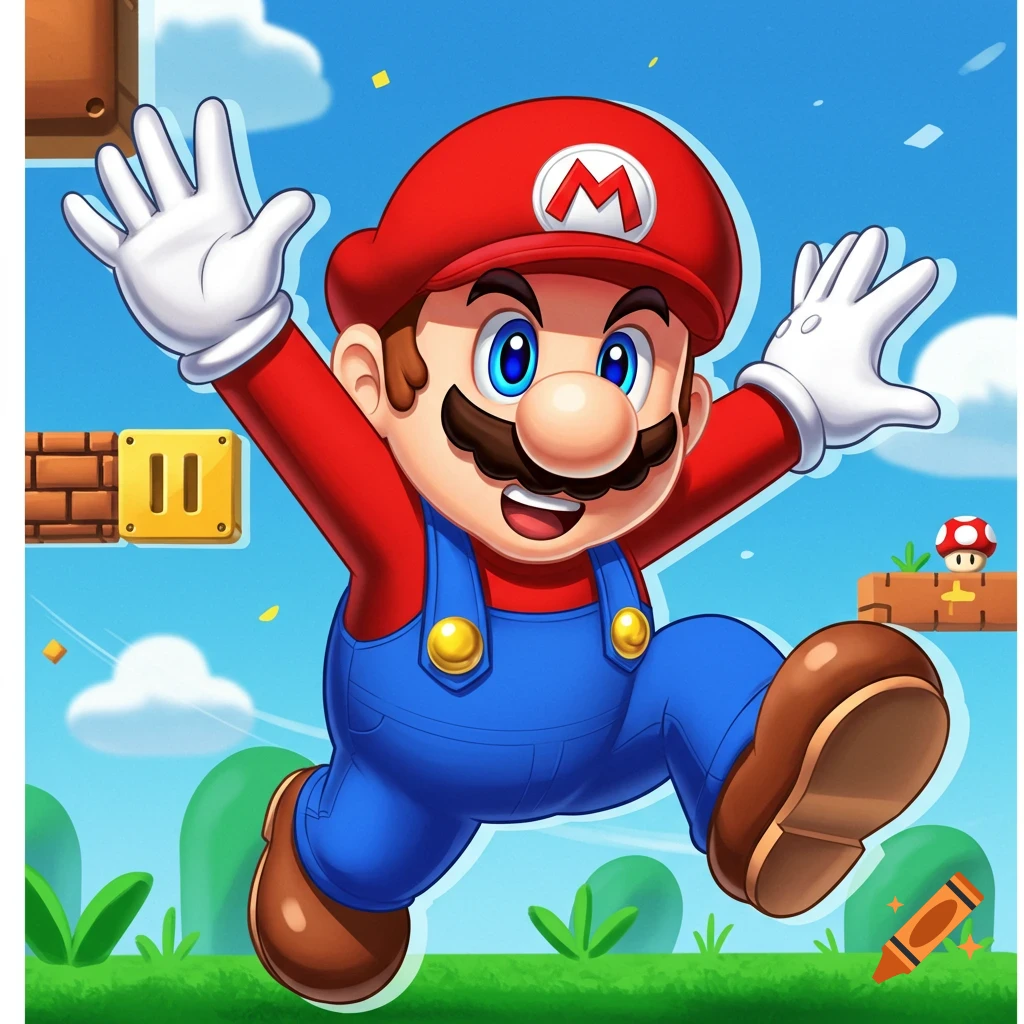 Mario jumping in a classic video game level.