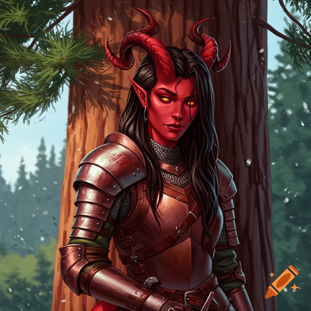 A red-skinned Tiefling woman in armor leans against a pine tree in a snowy forest.