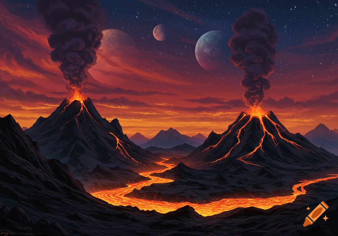 A volcanic landscape with flowing lava under a sky with multiple moons and stars.