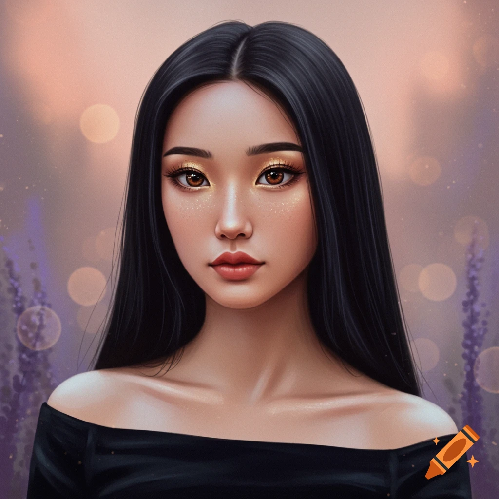 A woman with long black hair and brown eyes in an off-shoulder dress.