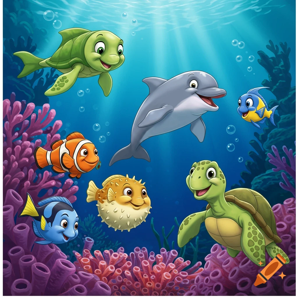 Cartoon sea creatures including turtles, dolphin, and fish swim among coral underwater.