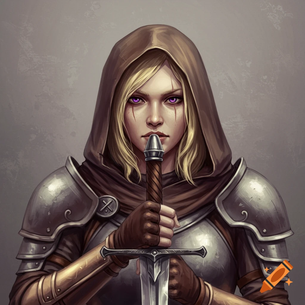 A blonde woman is depicted wearing a hood and armor. She has purple eyes, a scar, and is holding a sword.