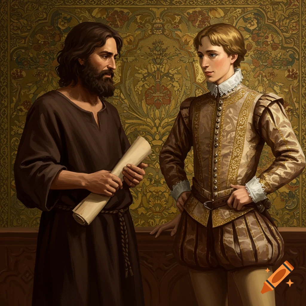 A bearded man holding a scroll is talking to a wealthy young man in historical clothing.