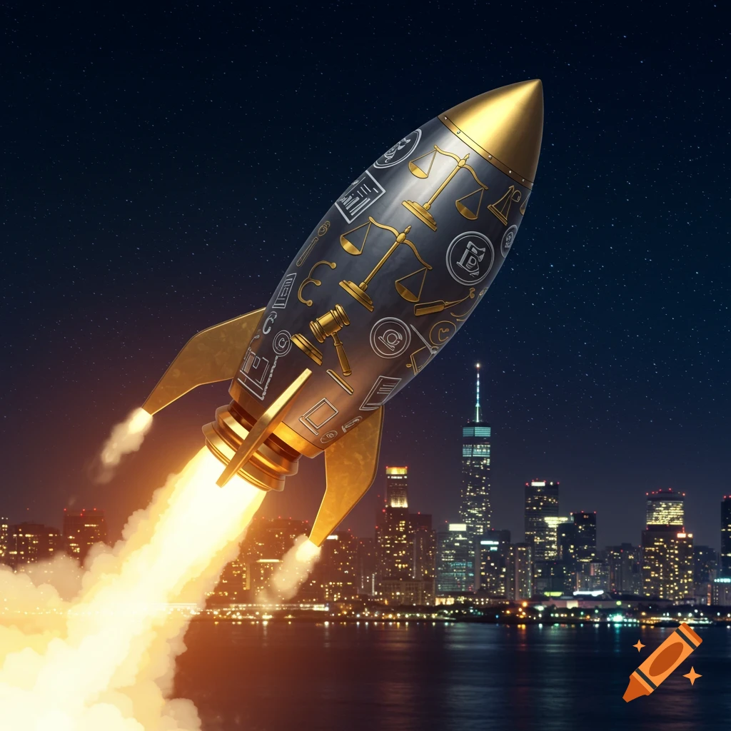 A rocket with legal symbols flying over a city skyline at night.