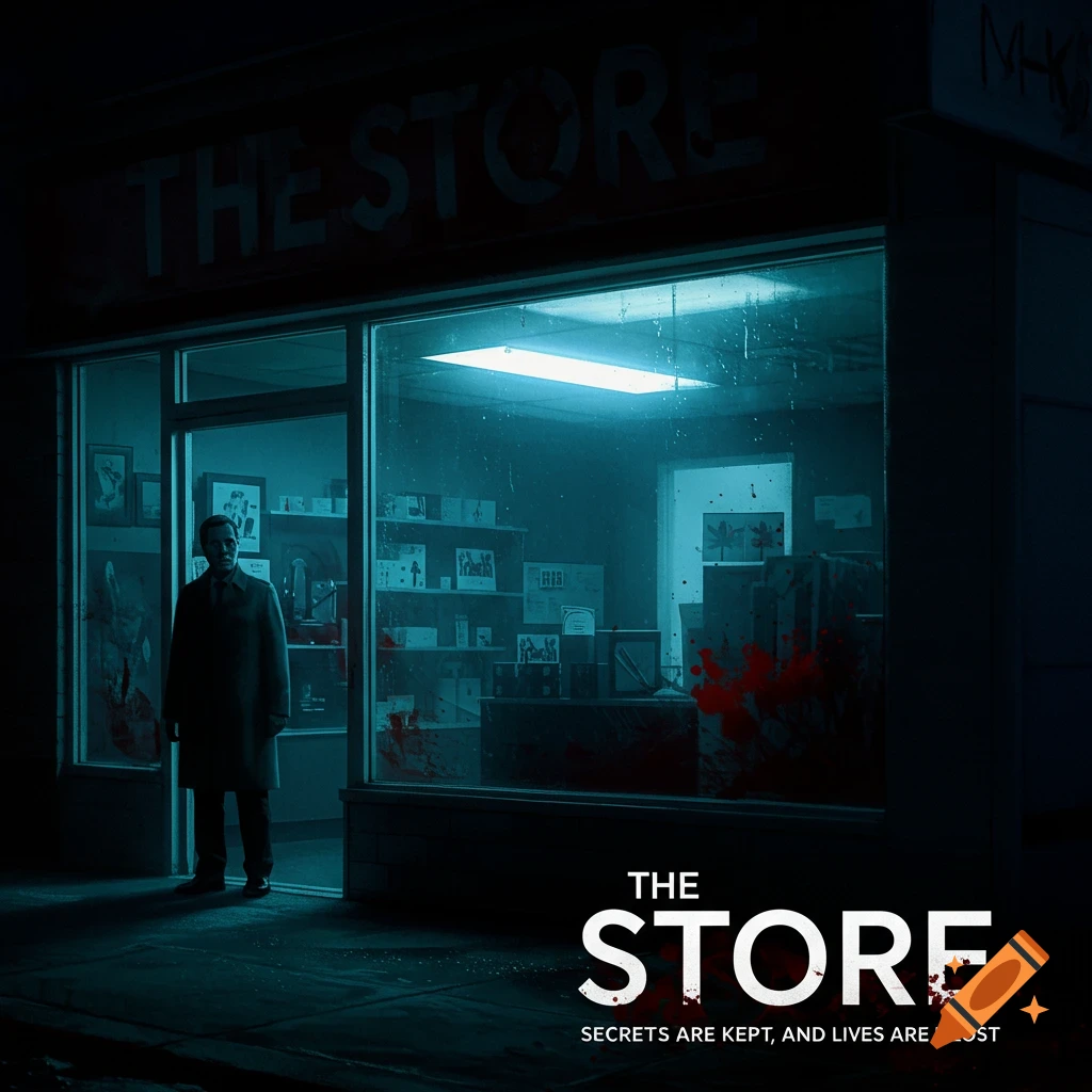 Movie poster for 'The Store' with a figure in a trench coat inside a dark storefront, with blood splatters.