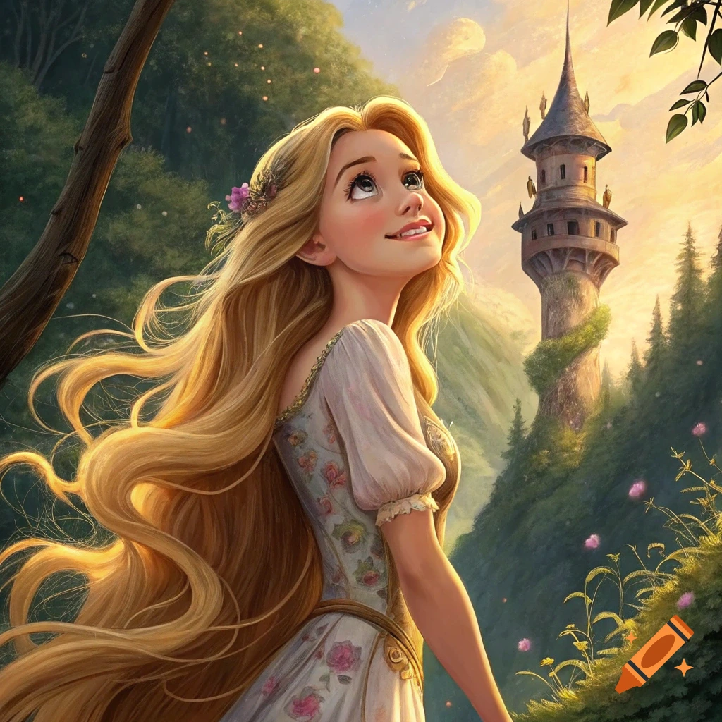 Illustrated portrait of a young woman with long blonde hair looking up at a tall tower in a sunny forest clearing.