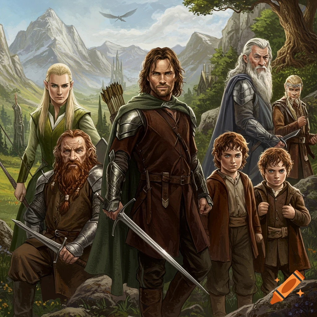 Lord of the Rings characters Aragorn, Gandalf, Legolas, Gimli, and two hobbits in a mountain valley.