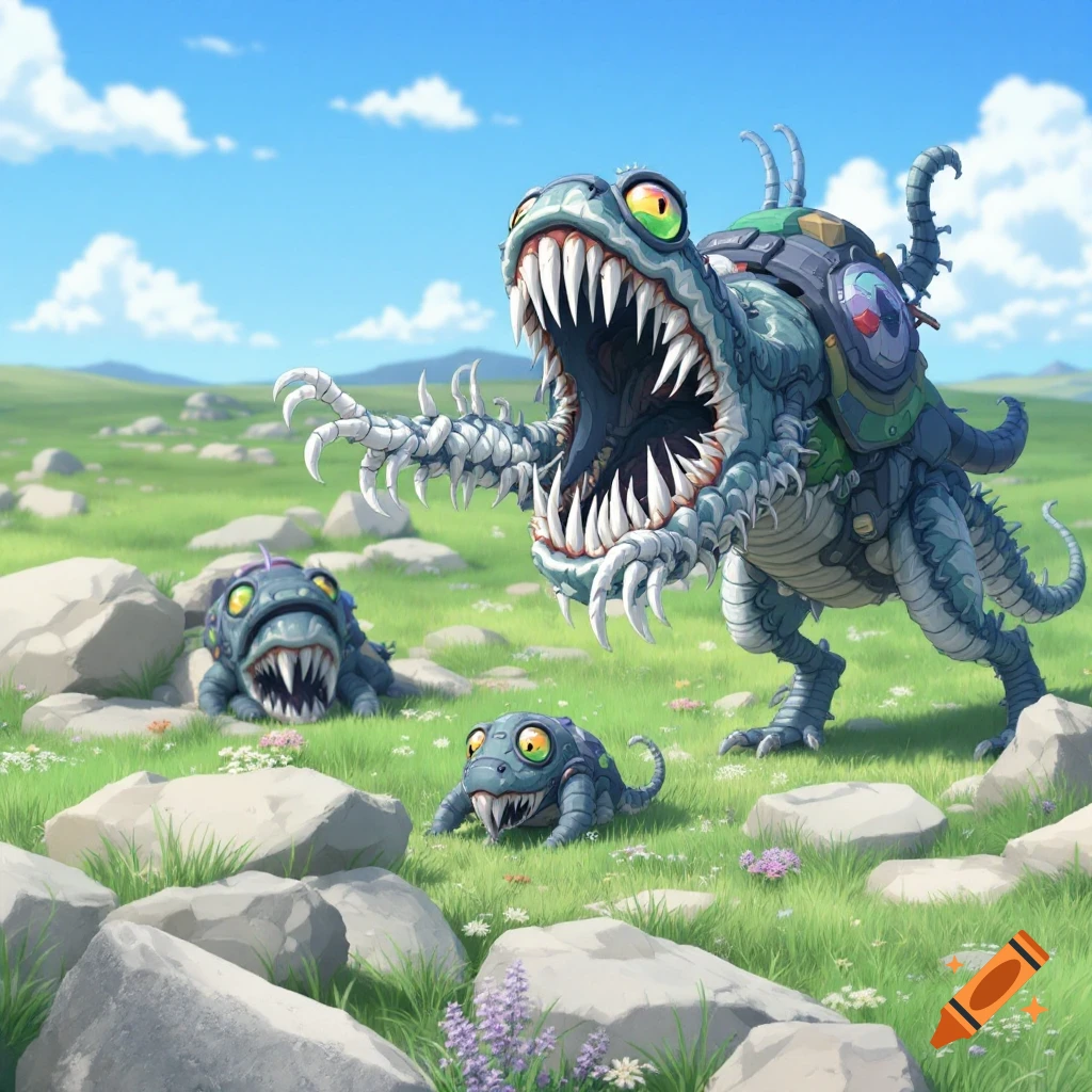 Cartoon monsters in a field under a sunny sky