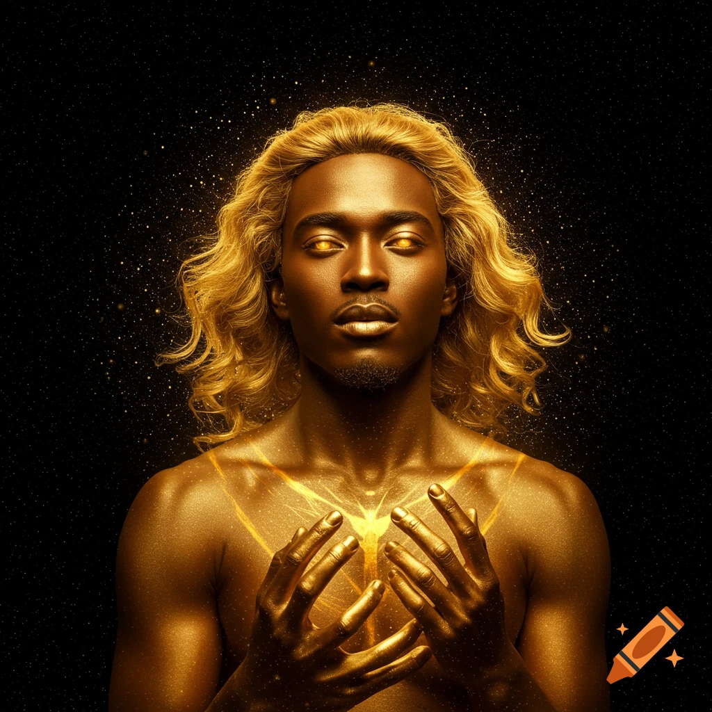 Portrait of a man with golden skin, hair, and glowing eyes, hands held out with golden light radiating from his chest.