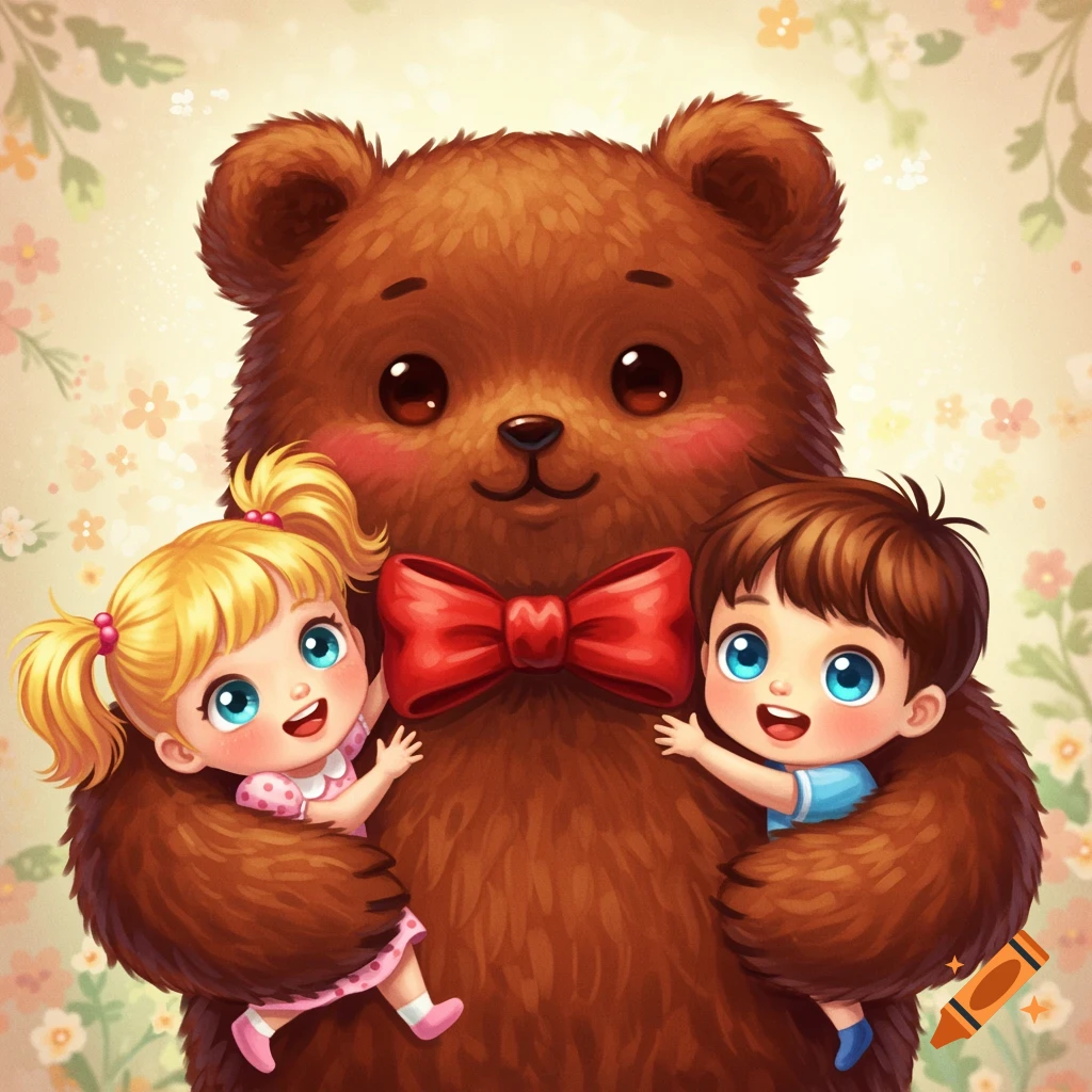 A cartoon bear wearing a red bow tie holds two smiling children in a field of flowers.