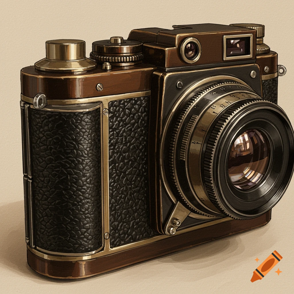 A vintage camera seen from the side.