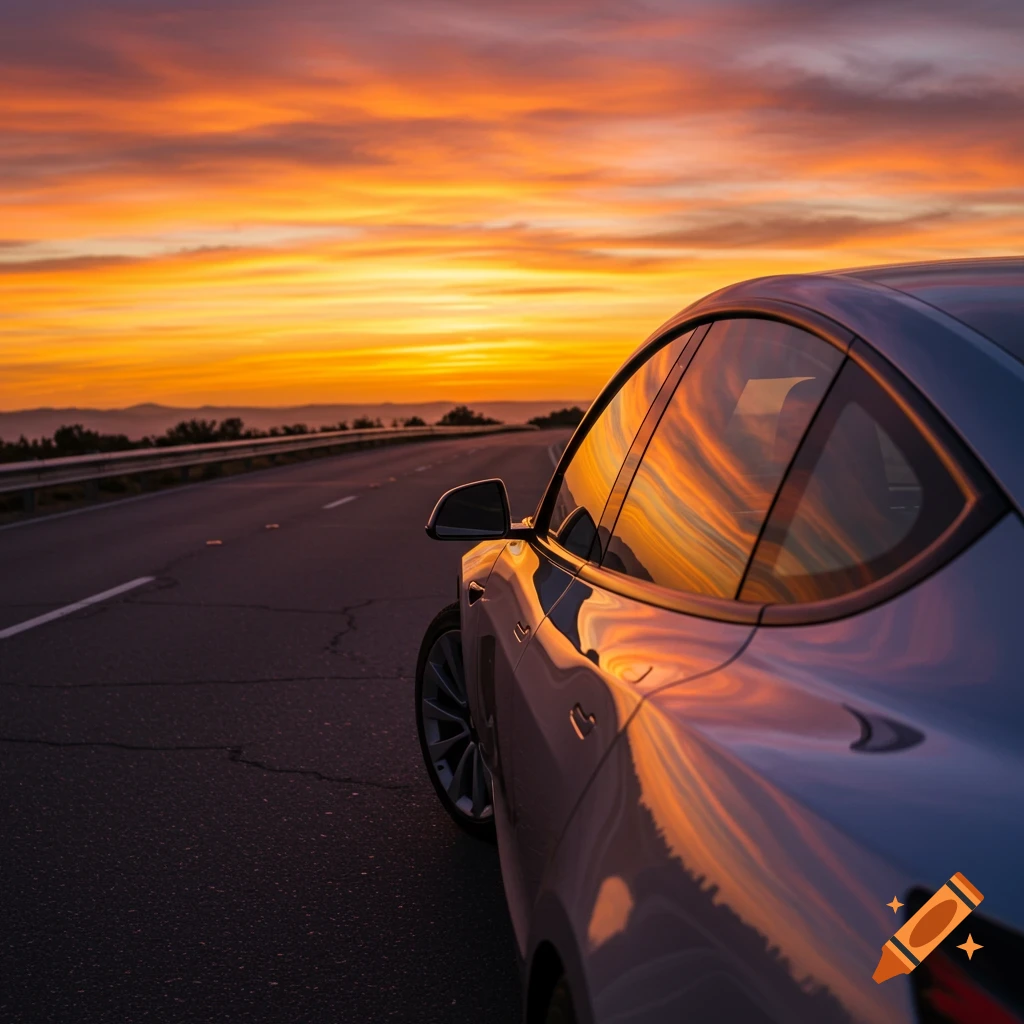 Photorealistic image of a white car parked on a road at sunset, with the sky reflecting on its surface.