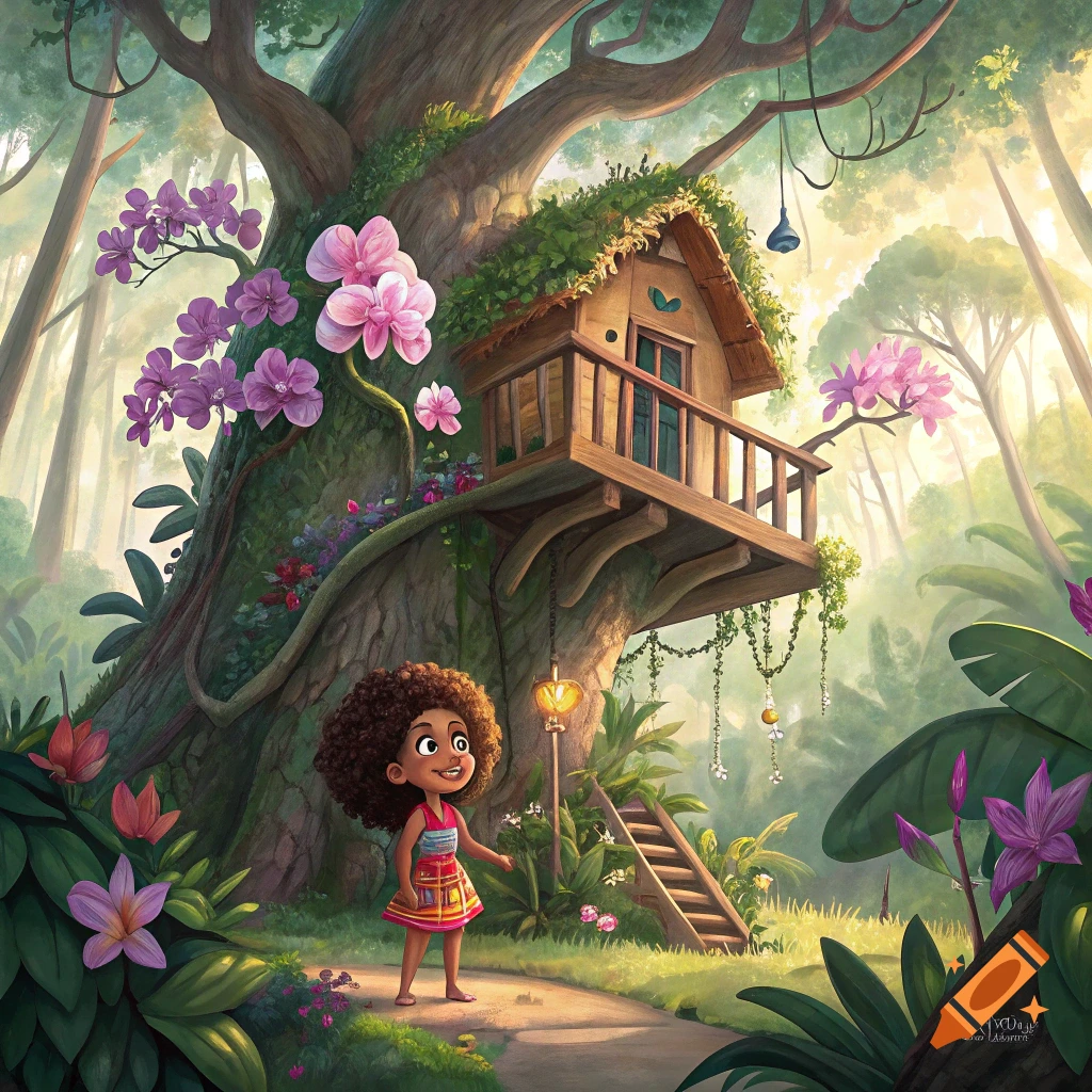 A cartoon girl stands near a large tree with an orchid treehouse in a fantasy forest.