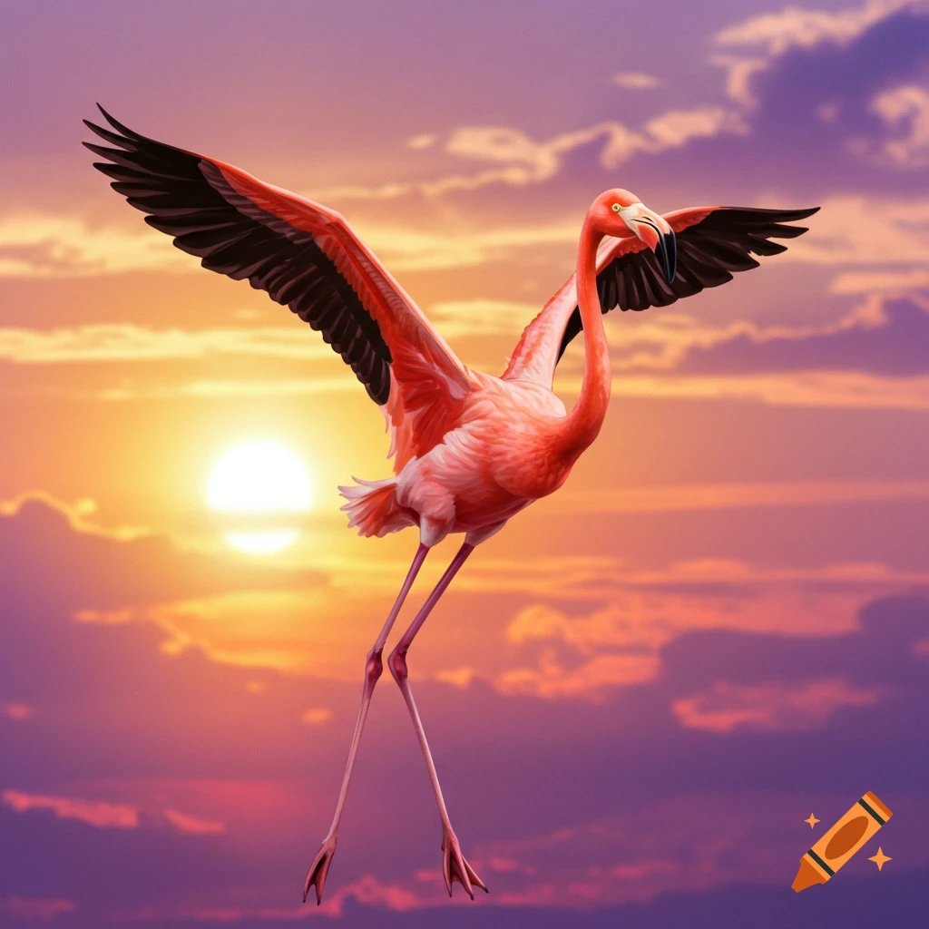 A pink flamingo with outstretched wings flies against a vibrant purple and orange sunset sky.