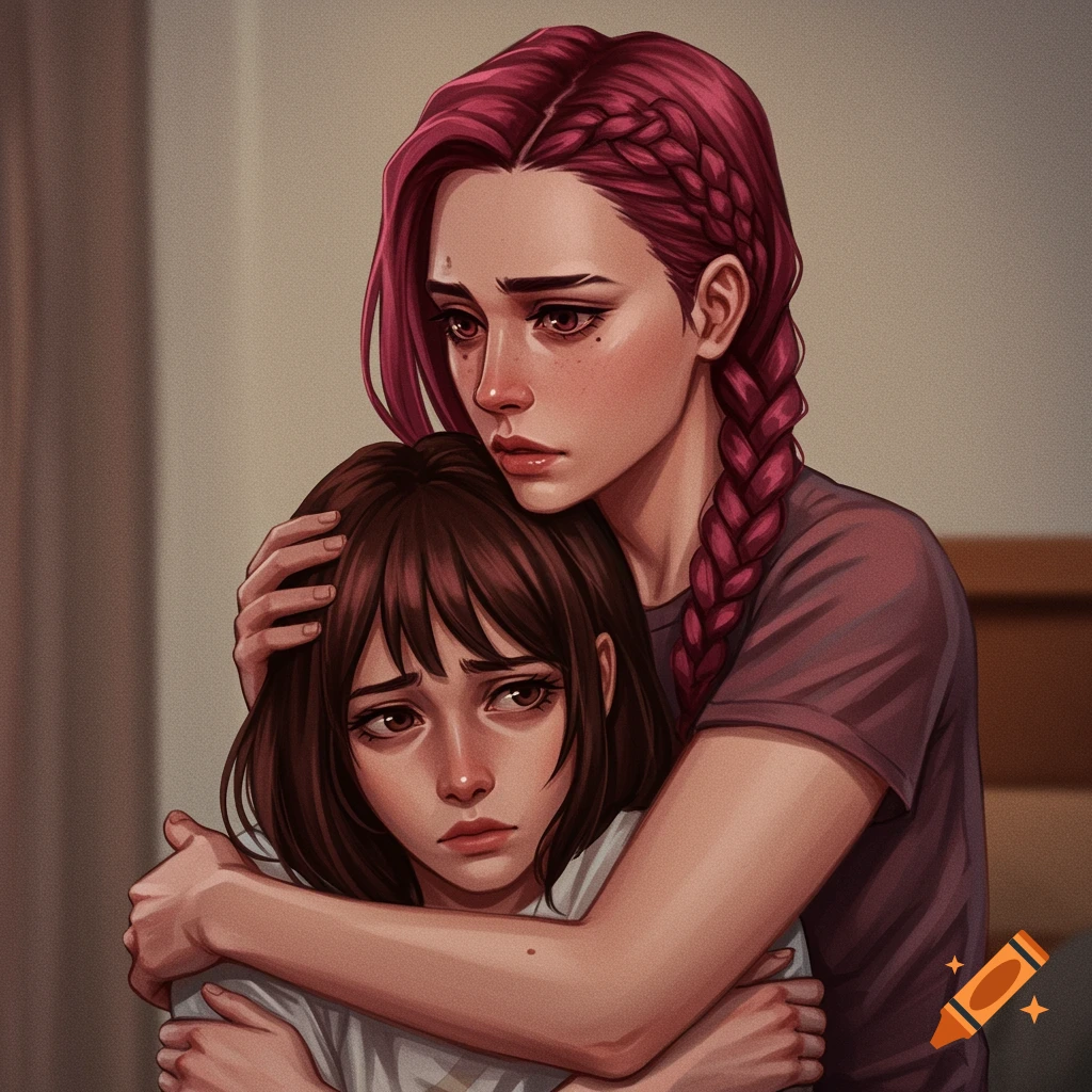 One woman with red braids hugging another woman with brown hair, showing comfort and sadness.