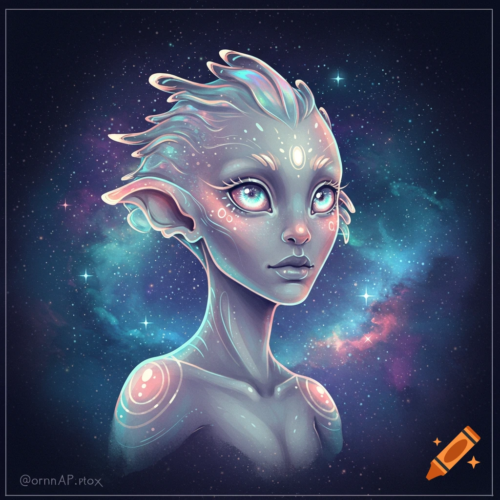 An alien creature with glowing markings against a starry space background.