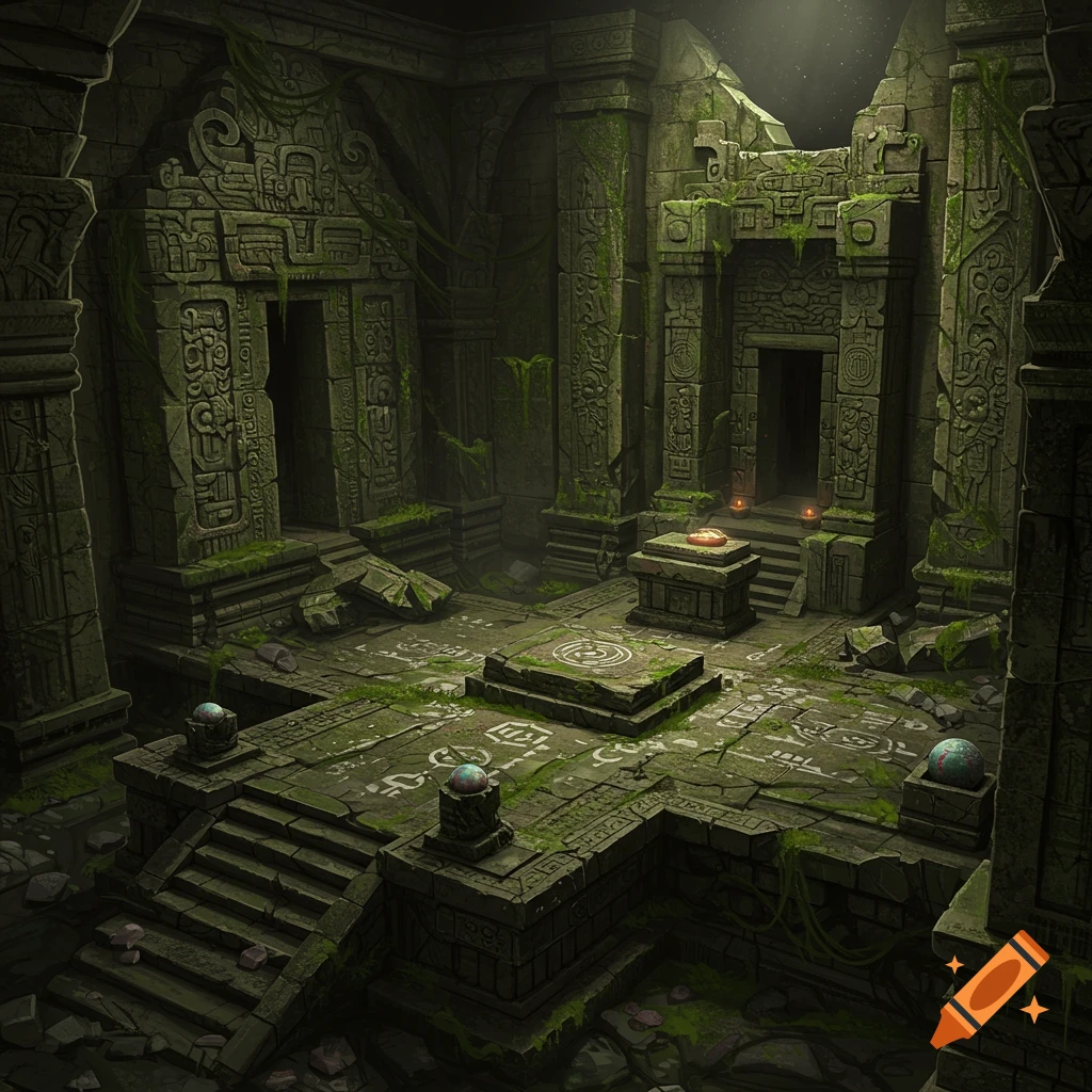 Mossy ancient temple ruins with intricate stone carvings and a central altar.