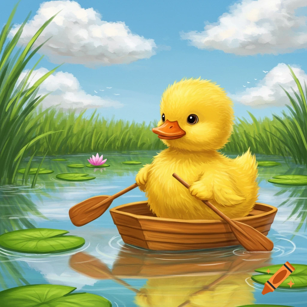 A cute yellow duck rows a wooden boat in a pond with lily pads and tall grass under a blue sky.