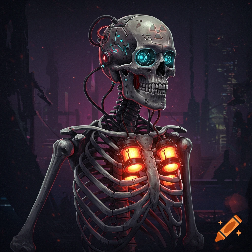A cyborg skeleton with glowing eyes and chest in a dark city.