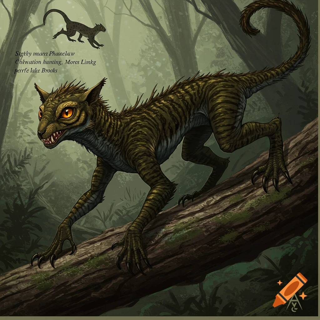 A striped, reptilian creature with amber eyes climbs a tree branch in a forest.