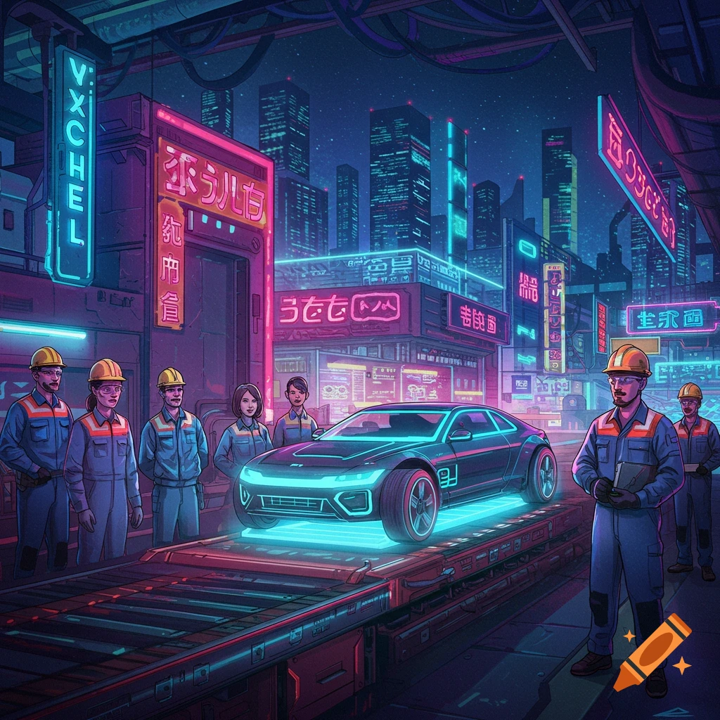 Workers with a futuristic car on an assembly line in a neon-lit cyberpunk city.