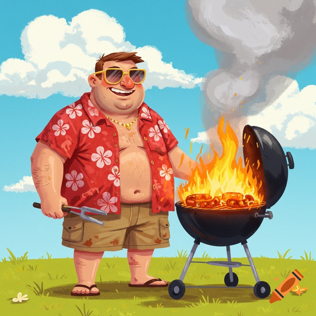 Cartoon man grilling on a barbecue