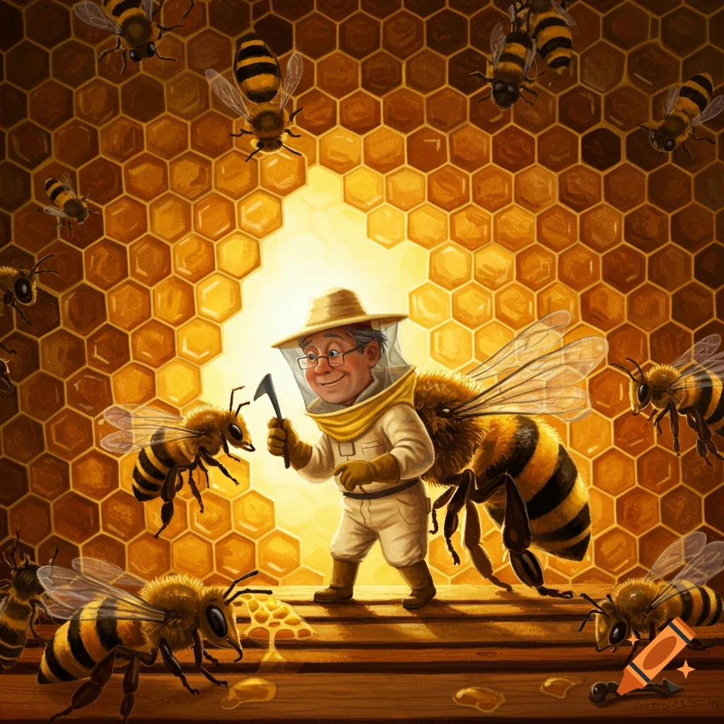 A tiny beekeeper in a suit with a tool stands inside a large beehive surrounded by giant bees.