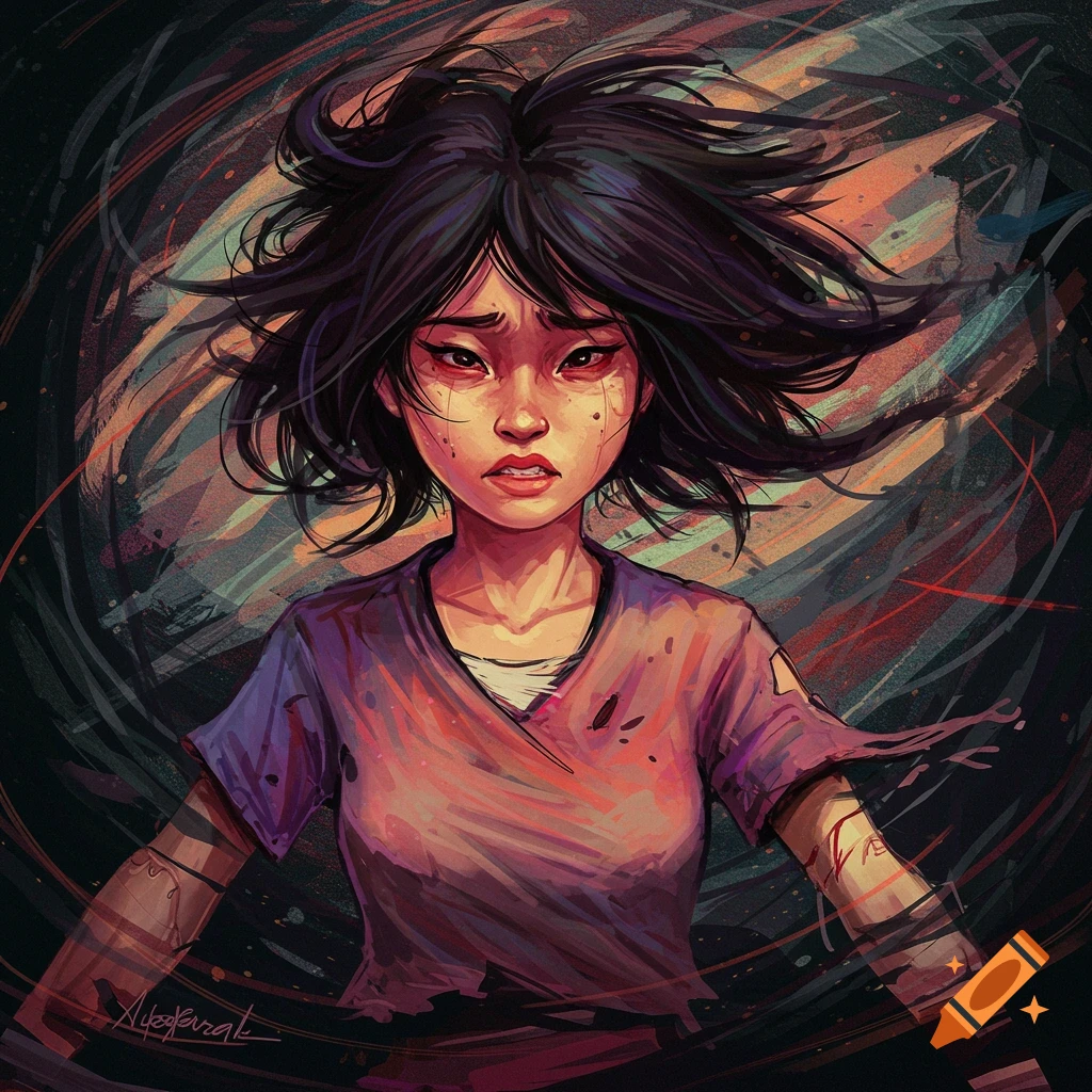 A distressed young woman with messy hair and crying eyes.