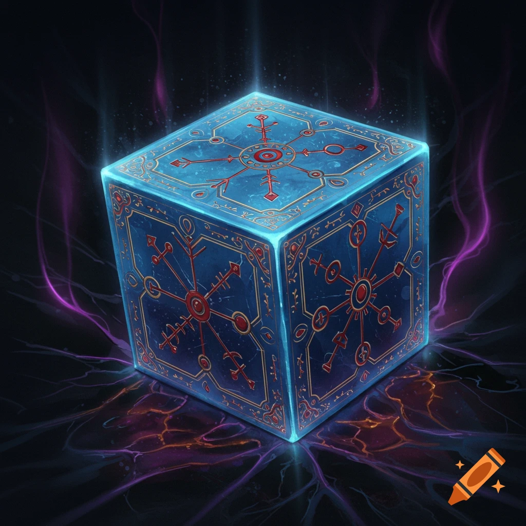 A blue cubic crystal with strange red symbols, glowing brightly in the dark.