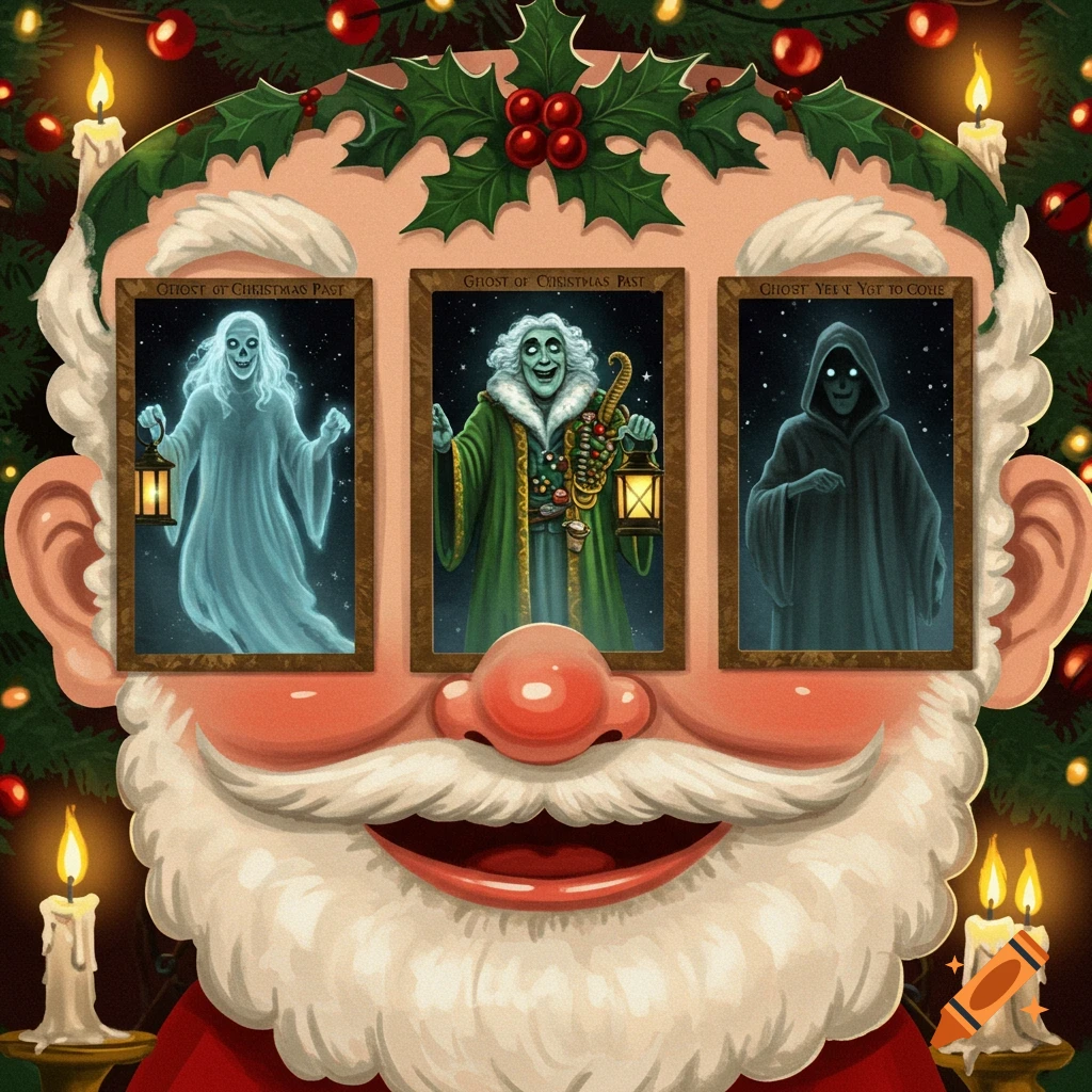 Illustration of Santa Claus with portraits of the Ghost of Christmas Past, Present, and Yet to Come in place of his eyes, surrounded by festive decorations.