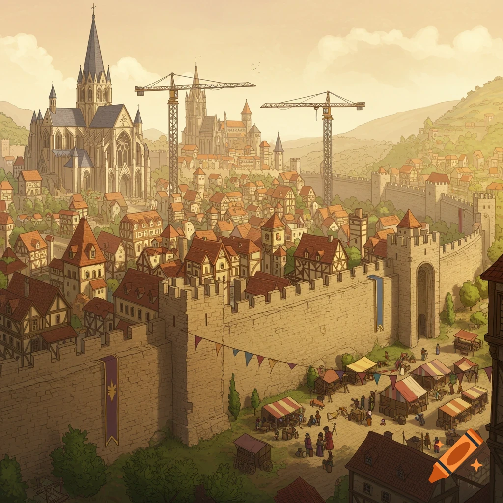 Walled medieval city with cathedrals, cranes, market square, and houses