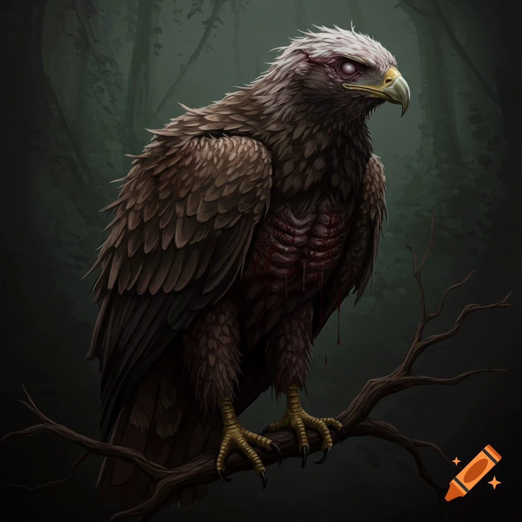 A dark image shows an ill-looking eagle with exposed ribs and blood, perched on a branch in a dark forest.