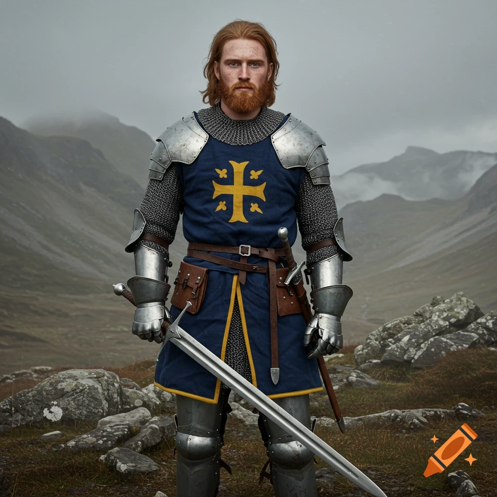 Realistic image of a knight in full armor holding a large sword, standing in a misty, rugged mountain landscape.