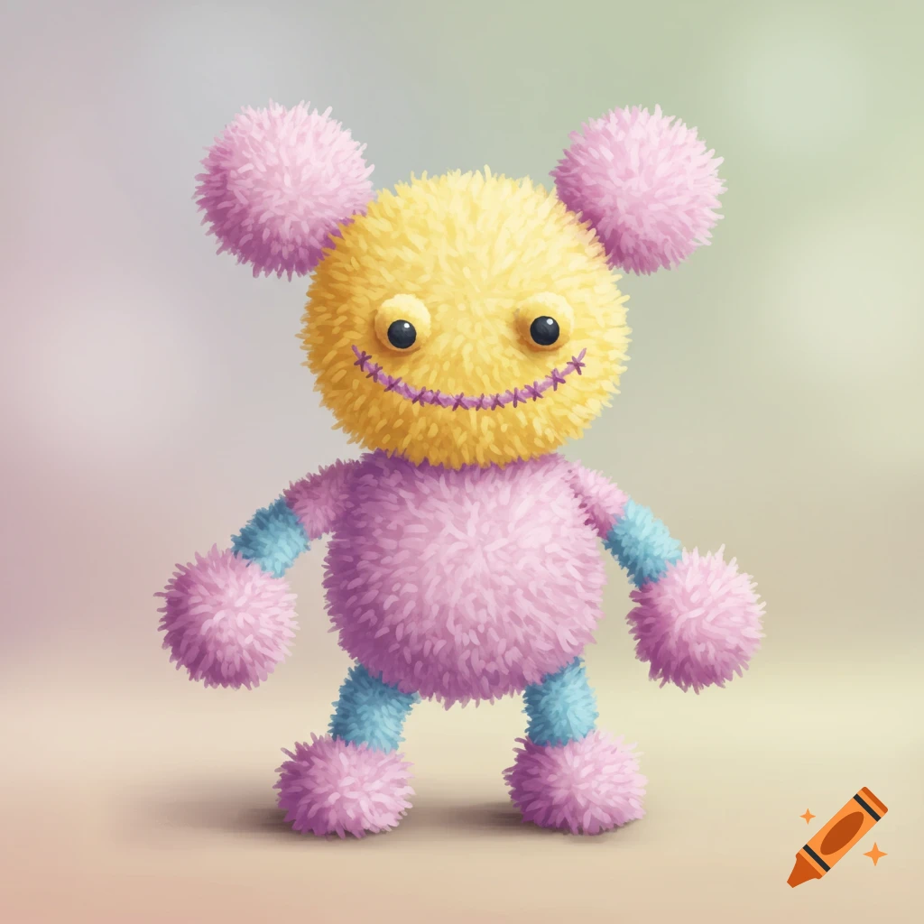 A fluffy yellow and pink creature with a stitched smile, made of pom poms.
