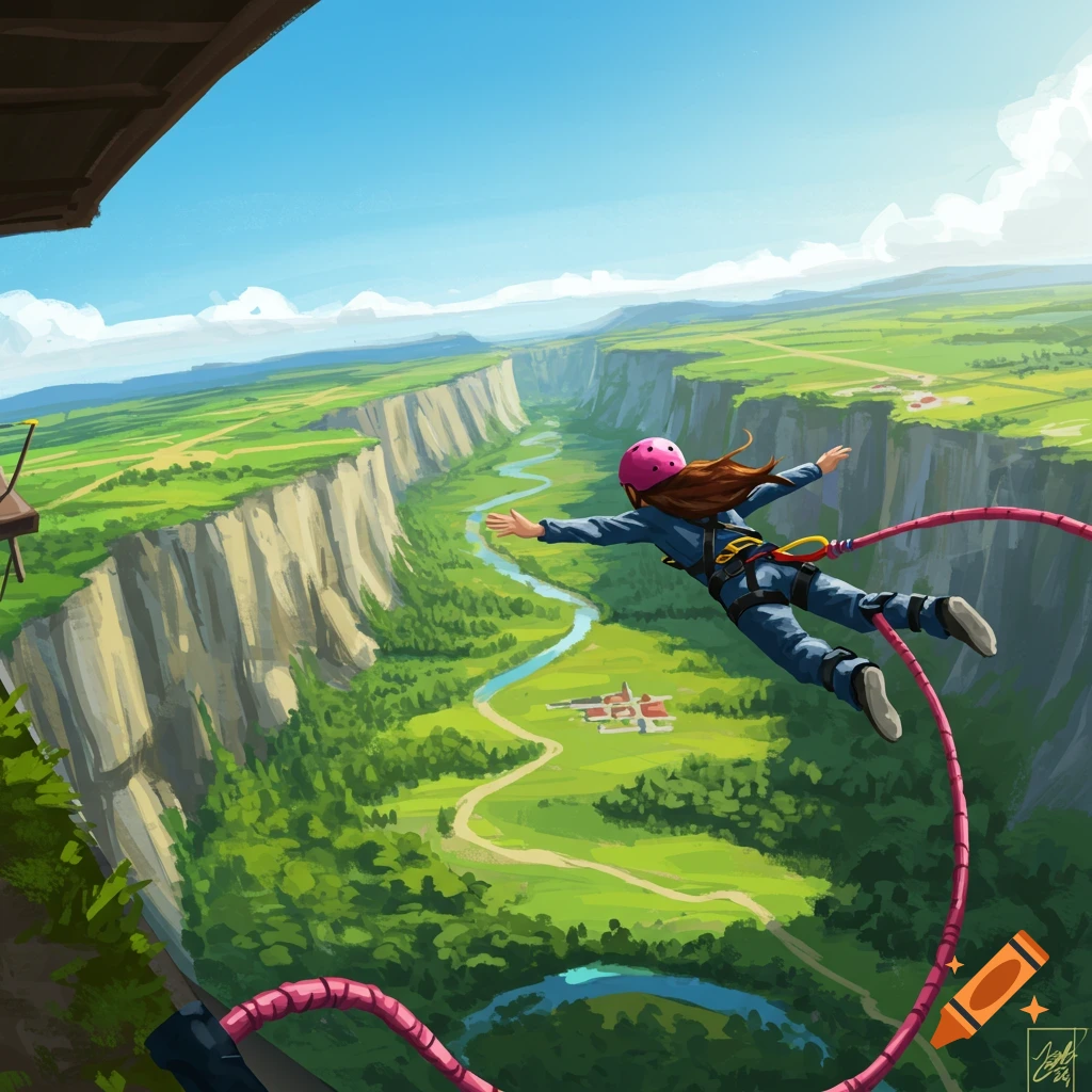 A person bungee jumping over a vast canyon landscape.