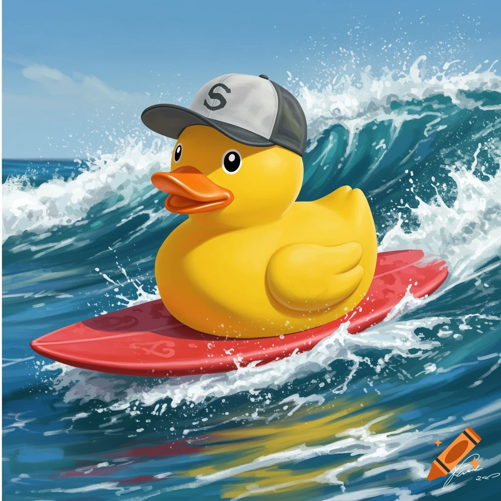 Cartoon rubber duck in a hat surfing a wave on a red board