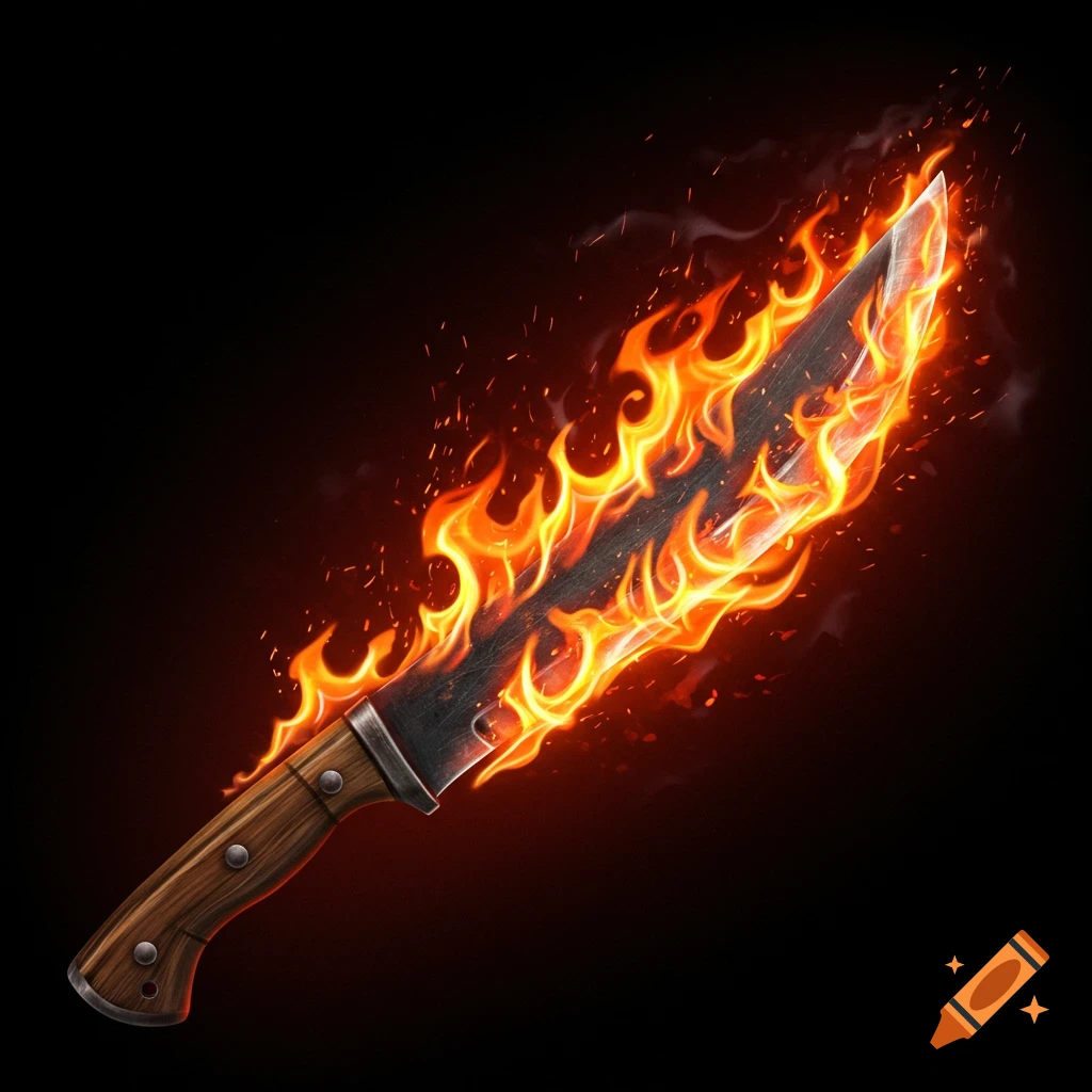 A flaming knife against a dark background.