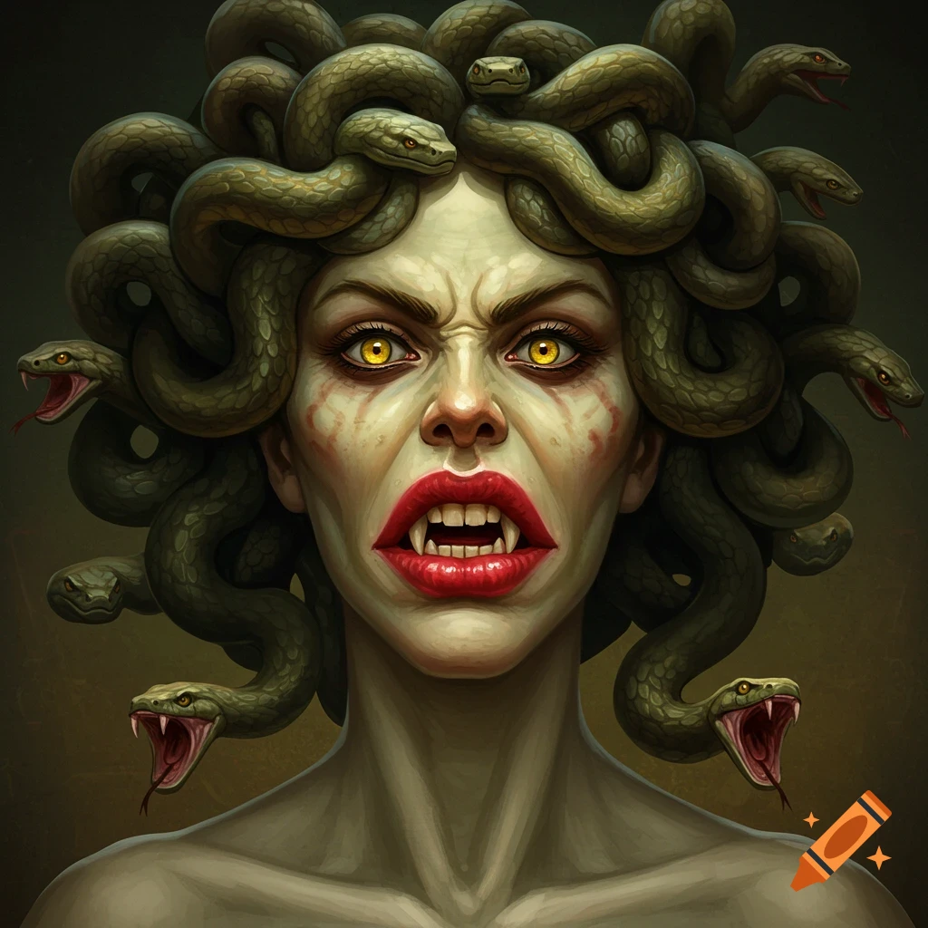 Close-up of Medusa with snakes for hair, fangs, yellow eyes, and red lips.