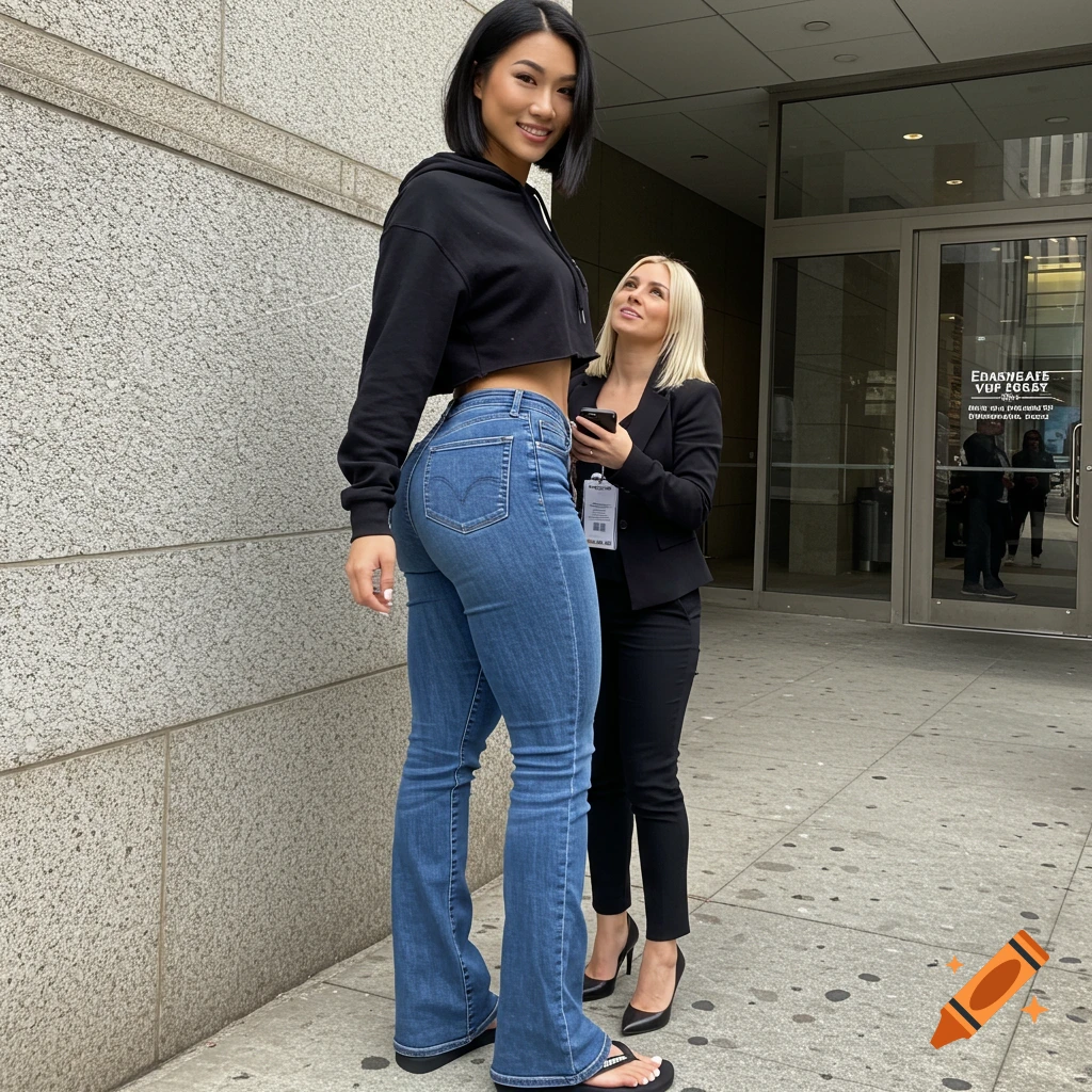 A tall woman in a cropped hoodie and flared jeans stands on a sidewalk with a shorter woman looking up at her.