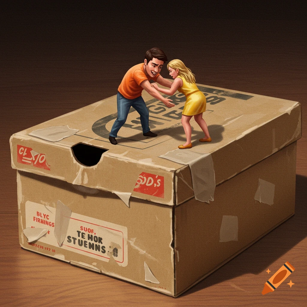 Two tiny people are wrestling on a shoebox.