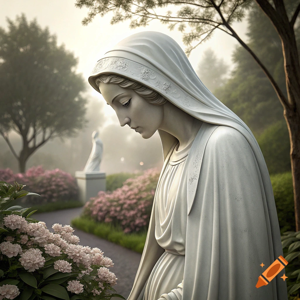 White statue of the Virgin Mary bowing her head in a misty garden with pink flowers.