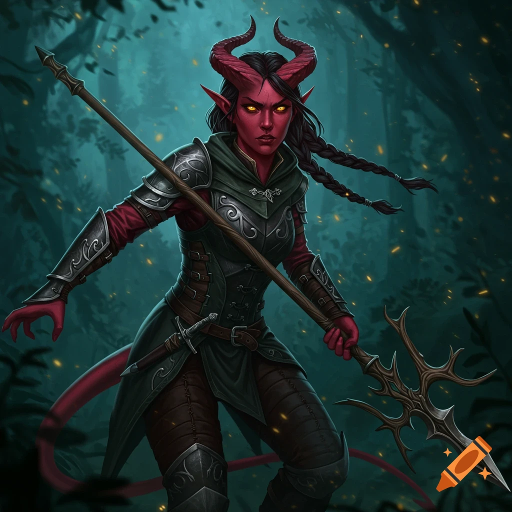 Illustration of a female Tiefling rogue with red skin and horns holding a spear in a dark forest.