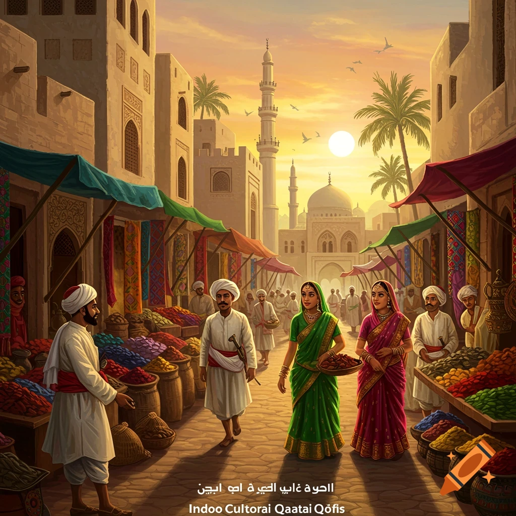 A painting of a vibrant market scene with people in traditional clothing, market stalls filled with goods, and architecture under a sunset sky.