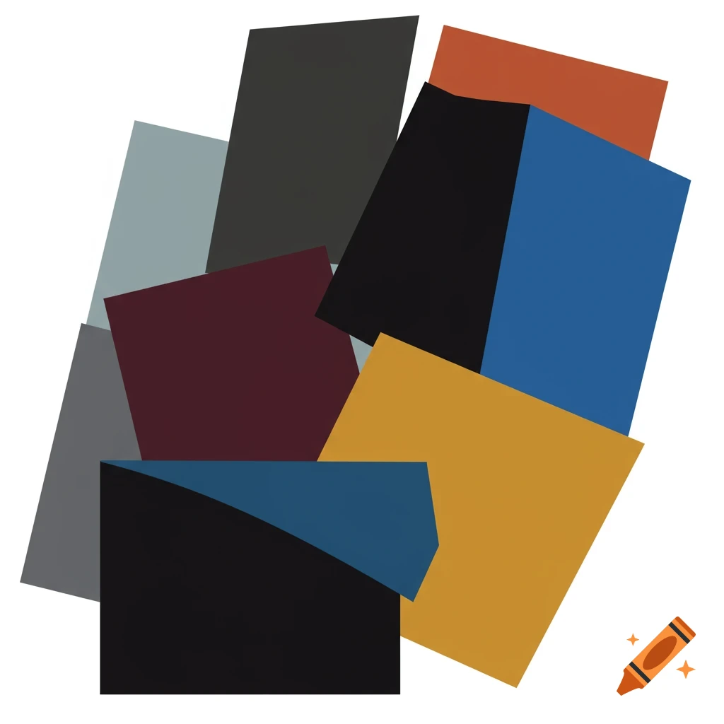 Abstract arrangement of solid-colored geometric shapes