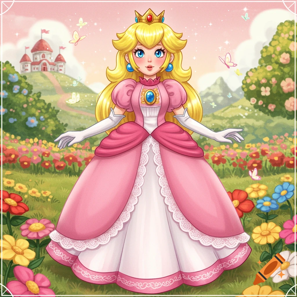 Princess Peach in a pink dress in a flower garden with a castle.