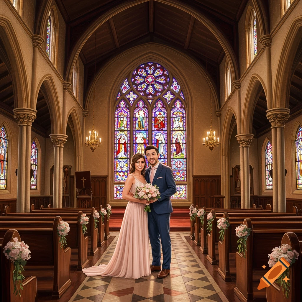 A couple stands in a church aisle bathed in light from stained glass windows.