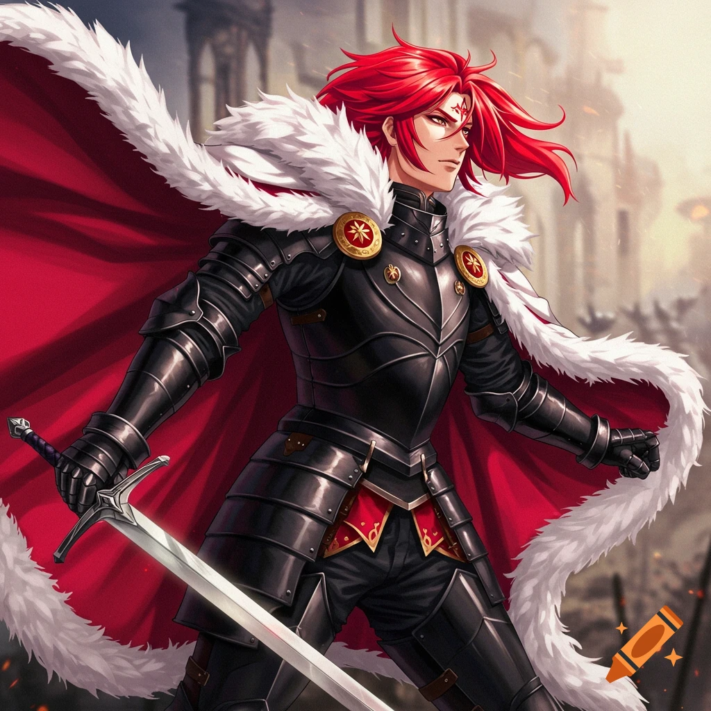 Anime character, a red-haired knight in black armor and a red and white fur-trimmed cape, holding a sword.